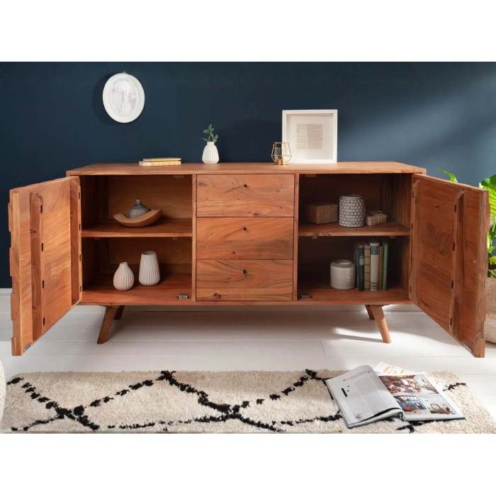 Buffet SCANI 145 cm in legno massiccio di acacia verniciato – 2 porte, 3 cassetti e facciate scolpite