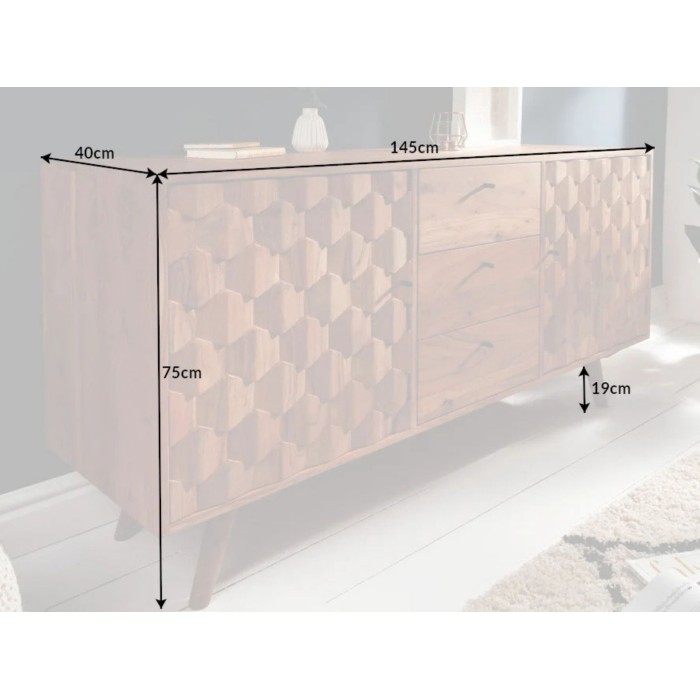 Buffet SCANI 145 cm in legno massiccio di acacia verniciato – 2 porte, 3 cassetti e facciate scolpite