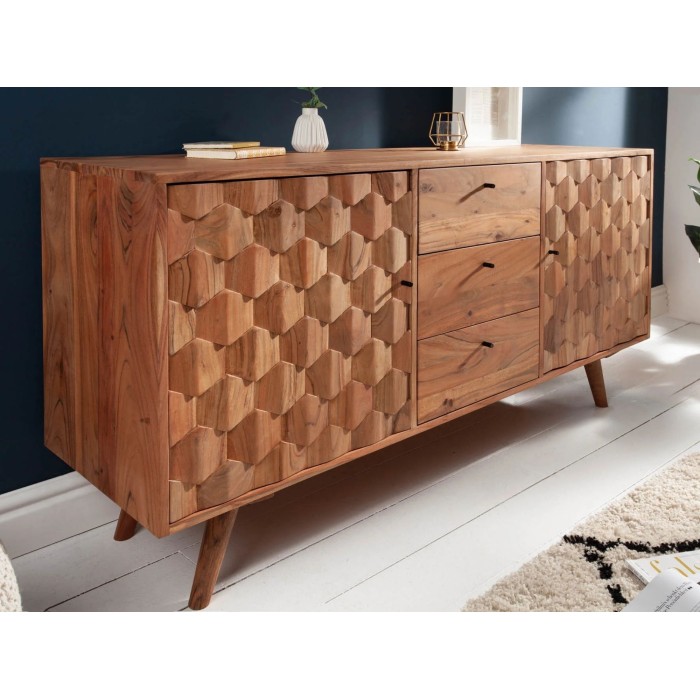 Buffet SCANI 145 cm in legno massiccio di acacia verniciato – 2 porte, 3 cassetti e facciate scolpite