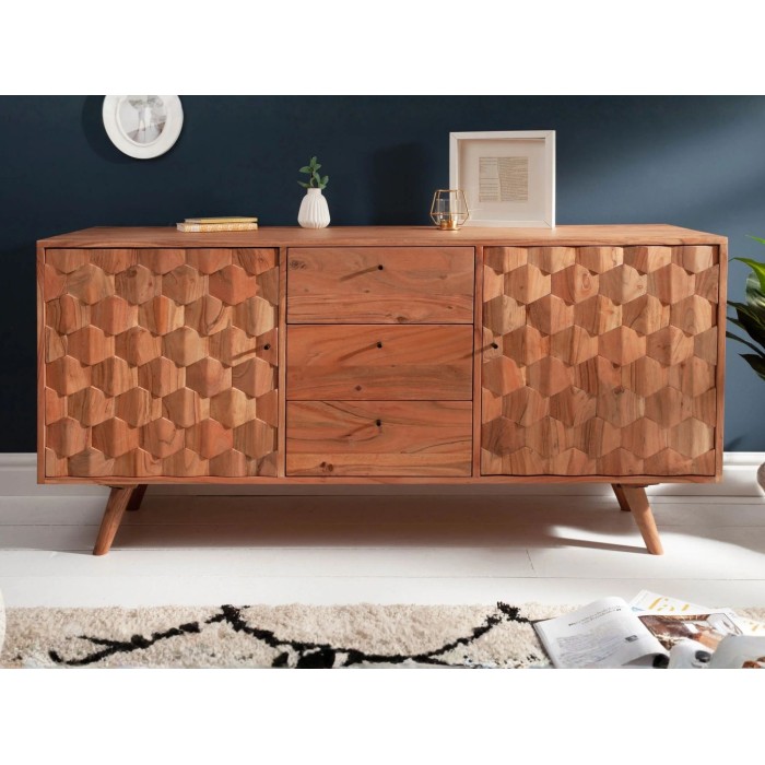 Buffet SCANI 145 cm in legno massiccio di acacia verniciato – 2 porte, 3 cassetti e facciate scolpite