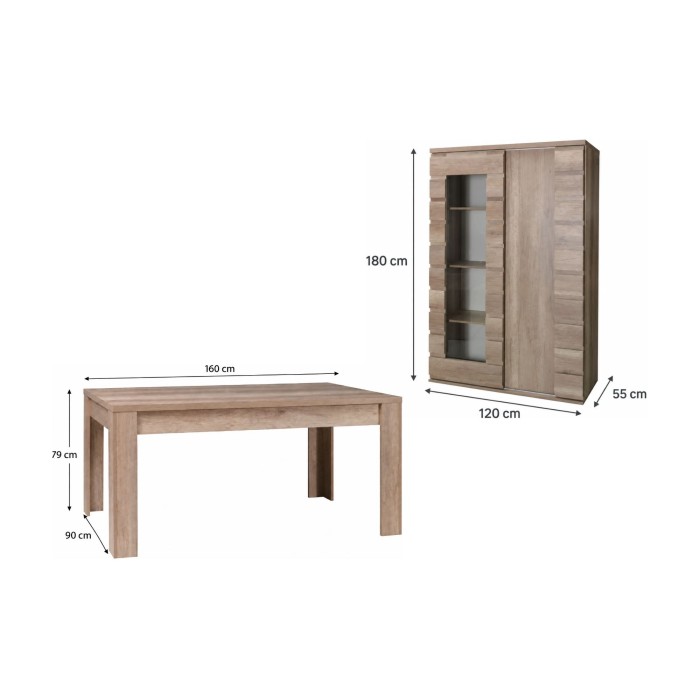 copy of Eetkamer set MALMO met uitschuifbare tafel en LED vitrinekast – Licht eiken en wit