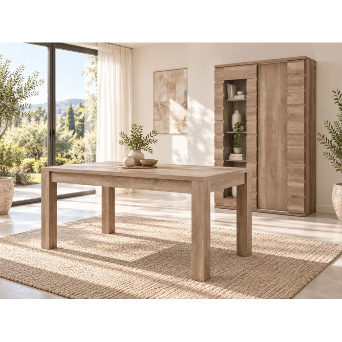 copy of Eetkamer set MALMO met uitschuifbare tafel en LED vitrinekast – Licht eiken en wit