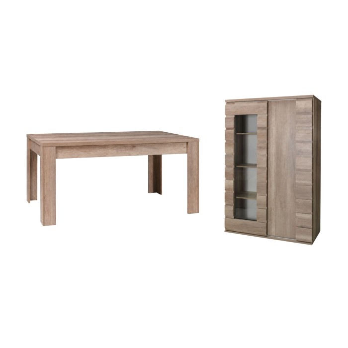copy of Eetkamer set MALMO met uitschuifbare tafel en LED vitrinekast – Licht eiken en wit