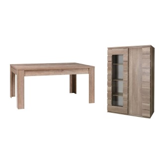 copy of Eetkamer set MALMO met uitschuifbare tafel en LED vitrinekast – Licht eiken en wit