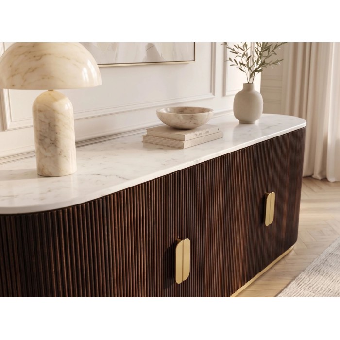 Buffet ORION 170cm marron et plateau blanc en marbre vu rapprochée