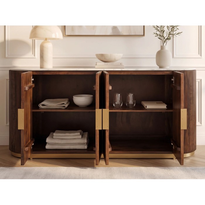 Buffet ORION 170cm marron et plateau blanc en marbre ouvert