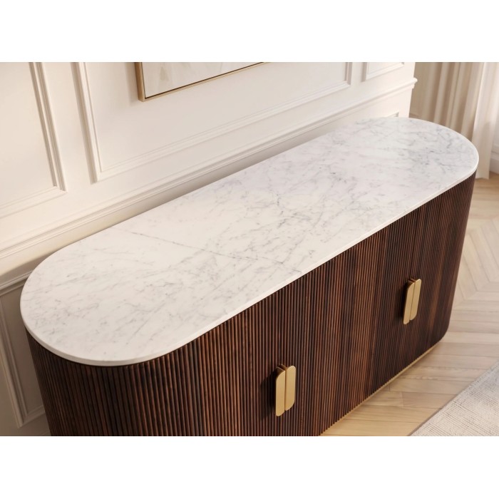 Buffet ORION 170cm marron et plateau blanc en marbre vu de haut