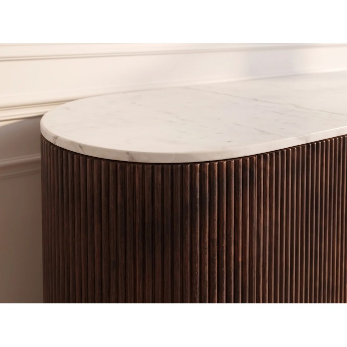 Zoom sur le côté du buffet ORION 170cm marron et plateau blanc en marbre