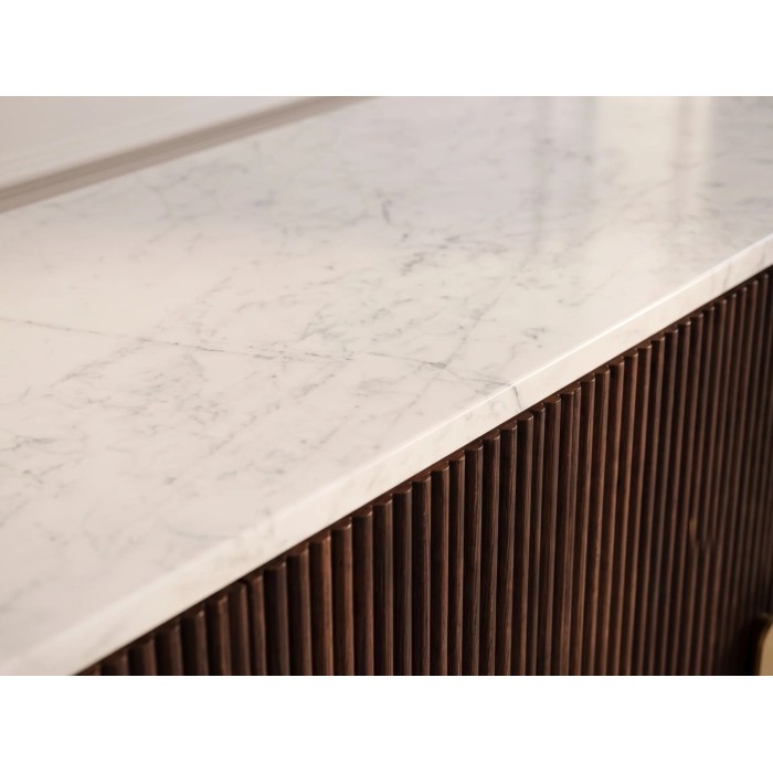 Zoom sur la tranche du plateau du buffet ORION 170cm marron et plateau blanc en marbre