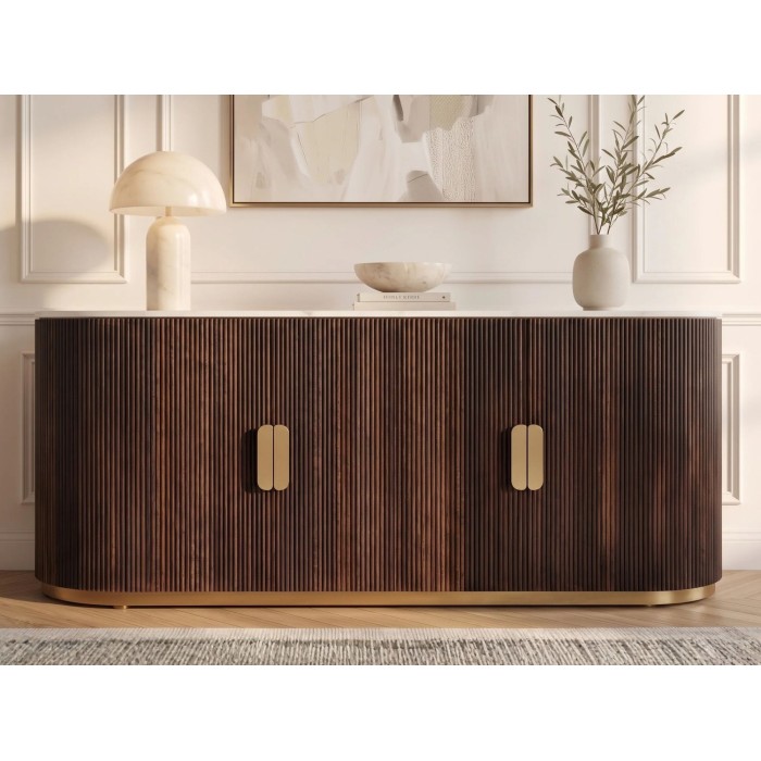 Buffet ORION 170cm marron et plateau blanc en marbre vu de face
