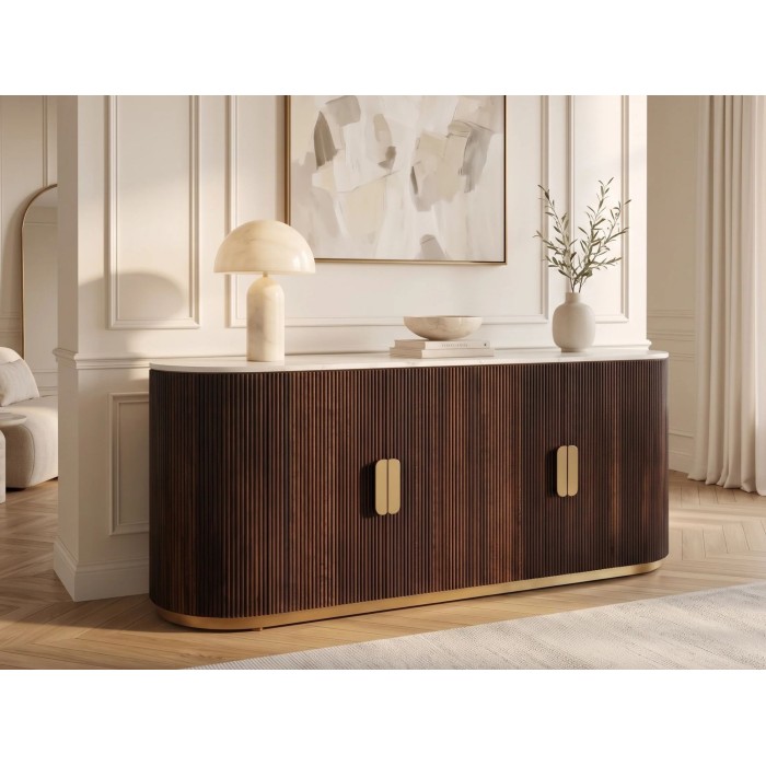 Buffet ORION 170cm marron et plateau blanc en marbre en situation