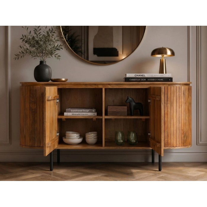 Buffet ORION 160cm en bois de manguier et pieds noir avec portes centrales ouvertes