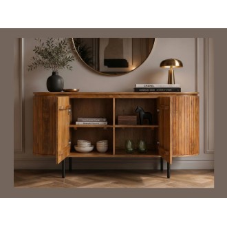 Buffet ORION 160cm en bois de manguier et pieds noir avec portes centrales ouvertes