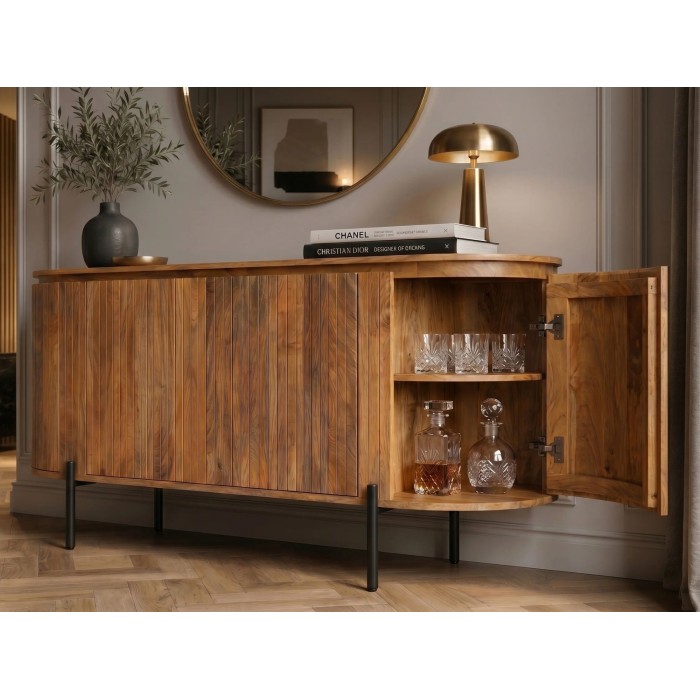 Buffet ORION 160cm en bois de manguier et pieds noir avec une porte latérale ouverte