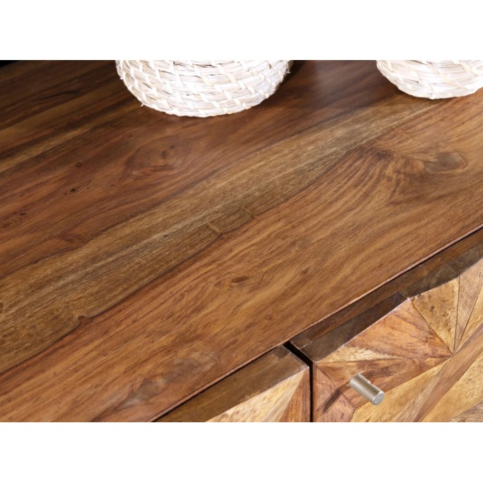 Zoom sur le plateau du buffet ARAVIS en bois de sheesham 144cm