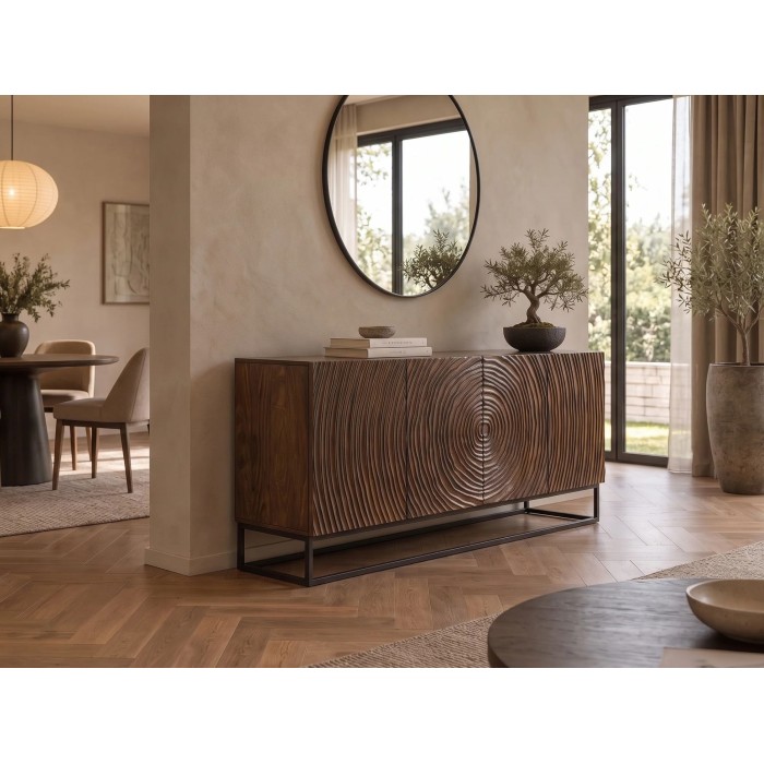 Buffet ZENWOOD 160cm en bois de manguier foncé vu de côté éloignée