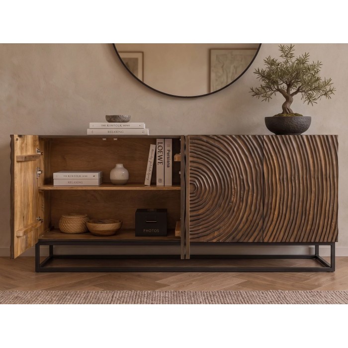 Buffet ZENWOOD 160cm en bois de manguier foncé ouvert