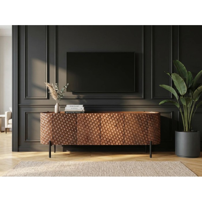 Buffet - meuble TV NOARA 160cm en bois de manguier vu de face avec une télé