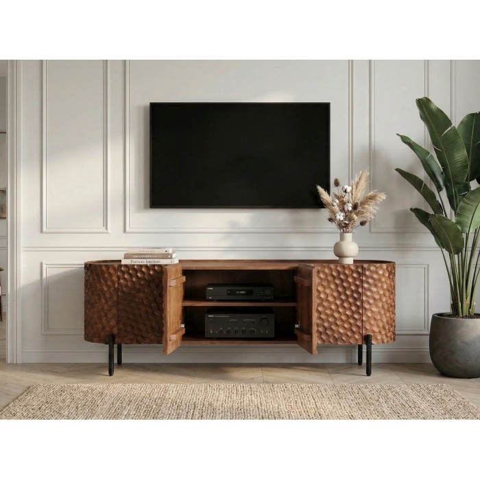 Buffet - meuble TV NOARA 160cm en bois de manguier vu de face en situation ouvert avec télé