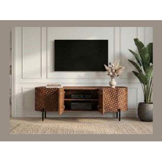 Buffet NOARA 160 cm en bois de manguier marron – 4 portes aux façades sculptées en alvéoles
