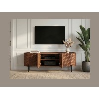 Buffet - meuble TV NOARA 160cm en bois de manguier vu de face en situation ouvert avec télé