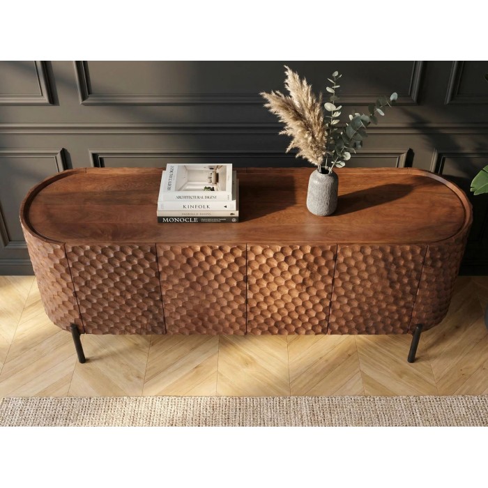 Buffet - meuble TV NOARA 160cm en bois de manguier vu de haut et de face