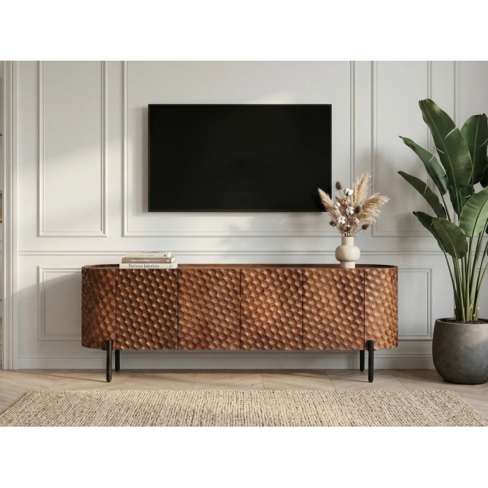 Buffet NOARA 160 cm en bois de manguier marron – 4 portes aux façades sculptées en alvéoles