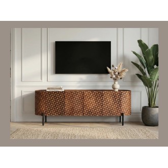 Buffet - meuble TV NOARA 160cm en bois de manguier vu de face avec une télé en situation
