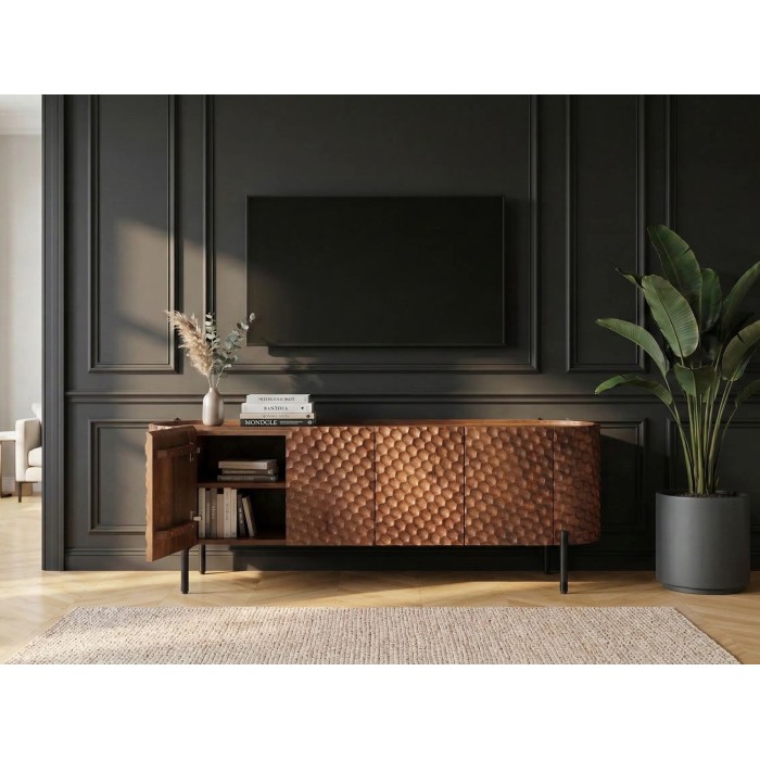 Buffet - meuble TV NOARA 160cm en bois de manguier vu de face ouvert avec une télé