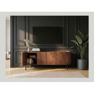 Buffet - meuble TV NOARA 160cm en bois de manguier vu de face ouvert avec une télé