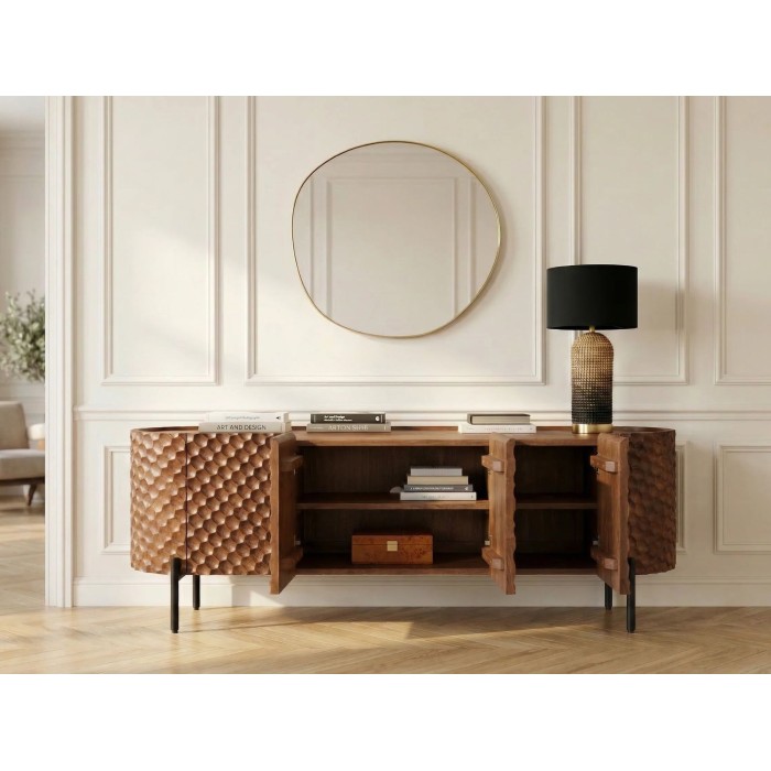 Buffet NOARA 160 cm en bois de manguier marron – 4 portes aux façades sculptées en alvéoles