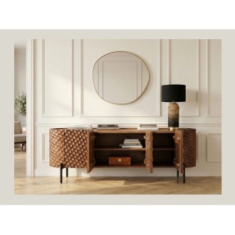 Buffet NOARA 160 cm en bois de manguier marron – 4 portes aux façades sculptées en alvéoles