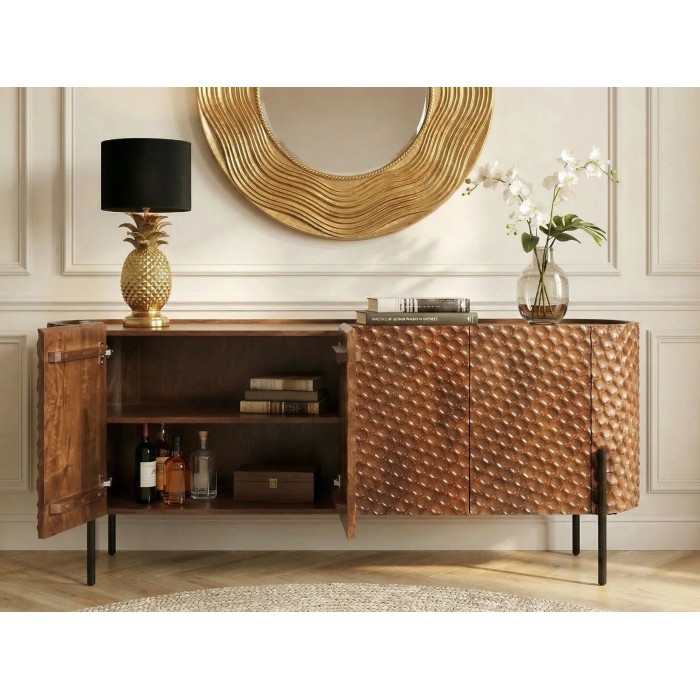 Buffet NOARA 178 cm en bois de manguier marron – 4 portes aux façades sculptées en alvéoles
