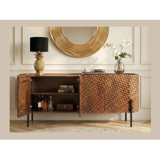 Buffet NOARA 178 cm en bois de manguier marron – 4 portes aux façades sculptées en alvéoles