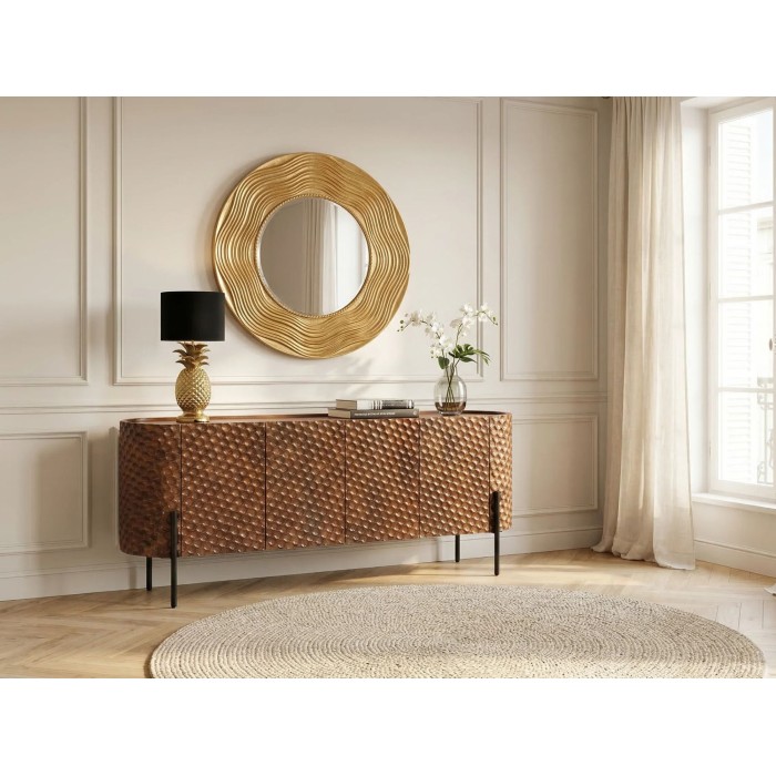 Buffet NOARA 178 cm en bois de manguier marron – 4 portes aux façades sculptées en alvéoles