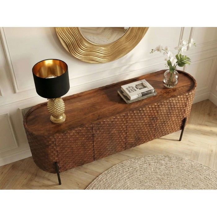 Buffet NOARA 178 cm en bois de manguier marron – 4 portes aux façades sculptées en alvéoles
