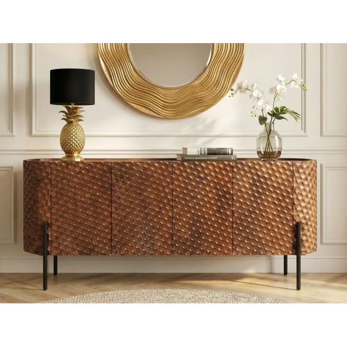 Buffet NOARA 178 cm en bois de manguier marron – 4 portes aux façades sculptées en alvéoles