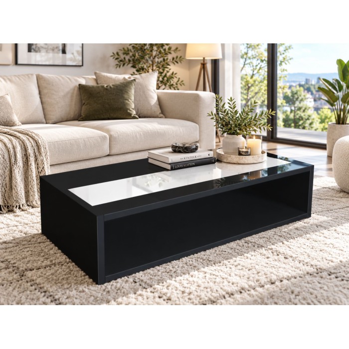 Table basse DANN noir avec bande blanche brillante - 116 x 51 x 34 cm