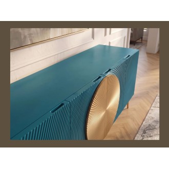 Zoom sur le plateau et les poignées du buffet MIDORI bleu et doré