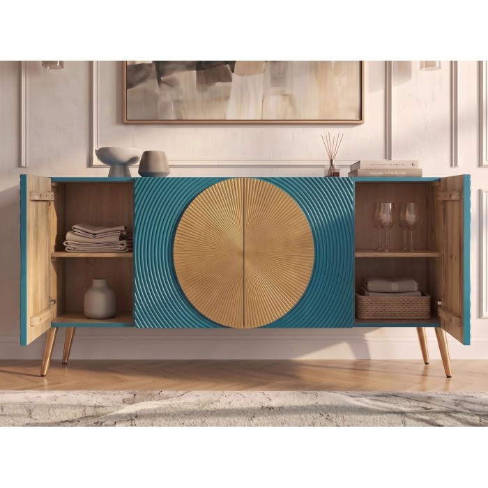 Buffet MIDORI bleu et doré ouvert partiellement