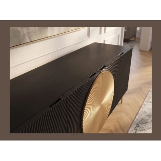 Zoom sur le plateau et les poignées du buffet MIDORI noir et doré