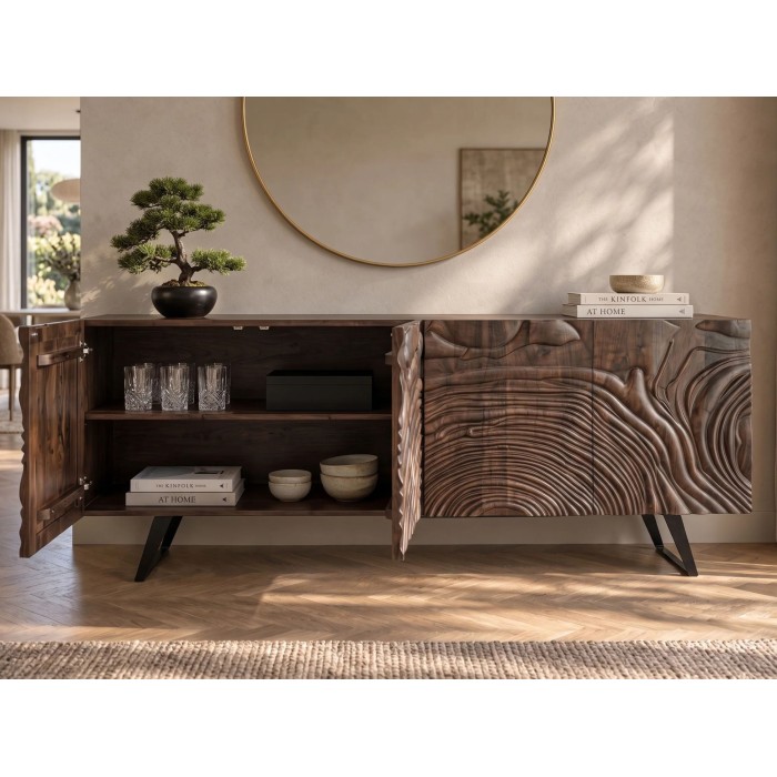 Buffet GAÏA 177cm en manguier foncé partiellement ouvert