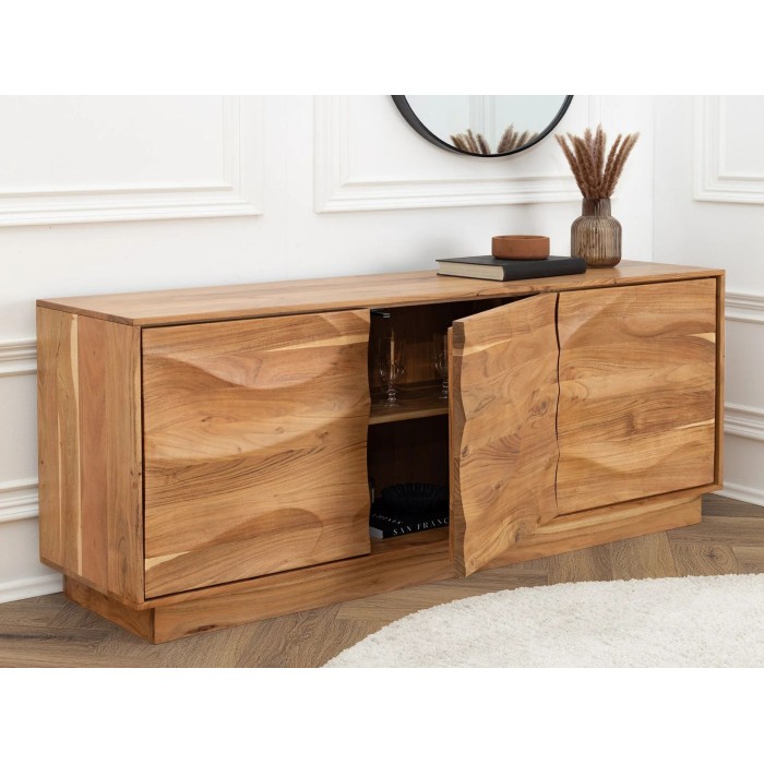 Buffet SONORA 160cm en acacia marron ouvert partiellement