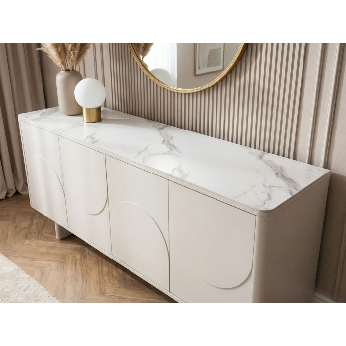Buffet 180cm MIYA blanc vu de côté, de haut, rapprochée