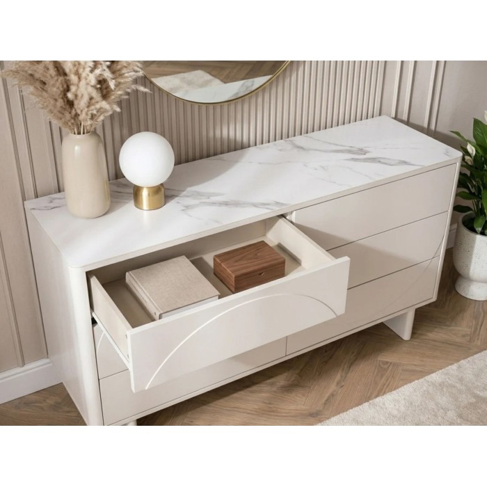 Buffet MIYA 150cm blanc et marbre partiellement ouvert