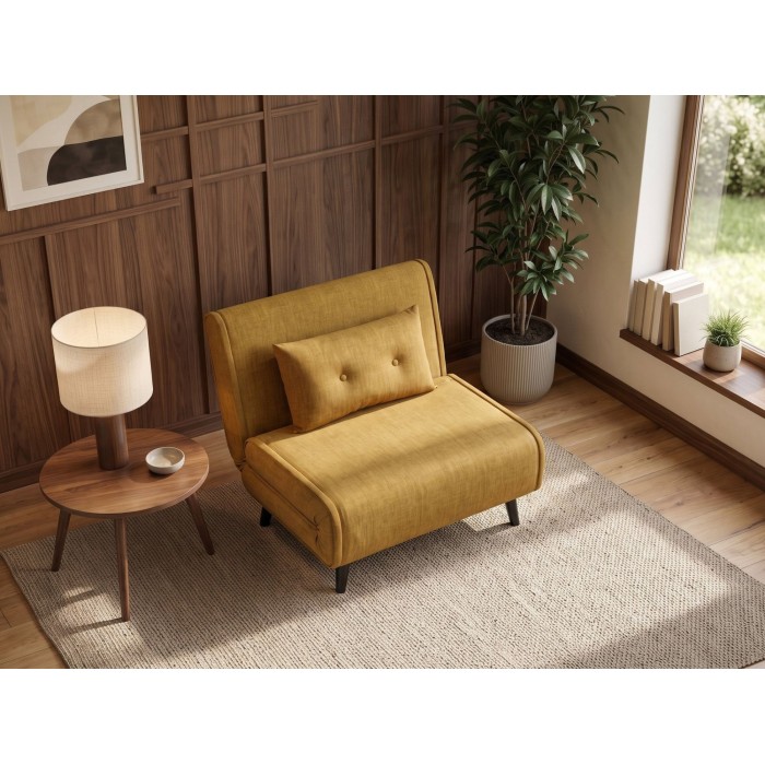 Fauteuil PRESTO jaune moutarde convertible vu de côté et éloignée