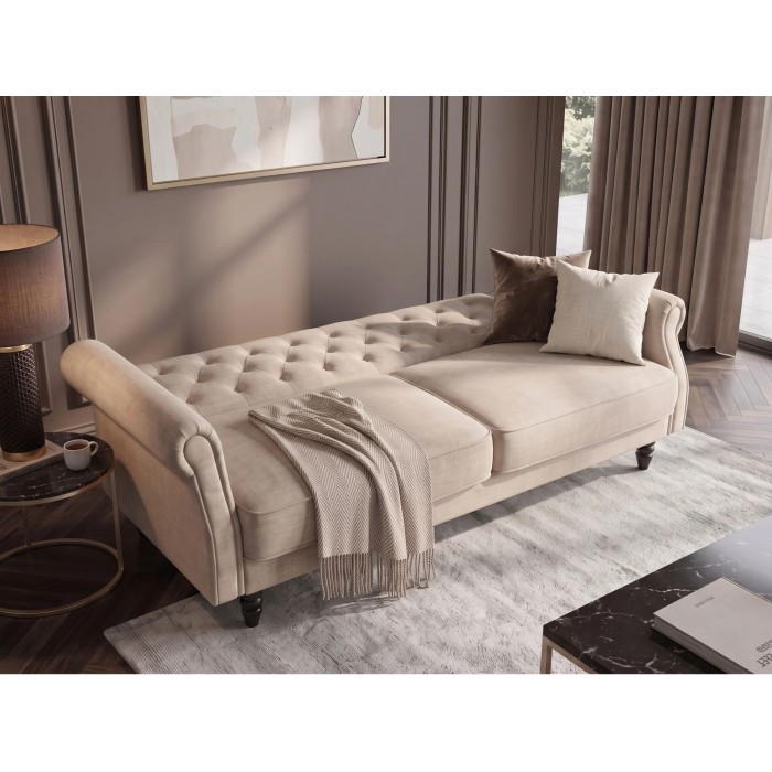 Canapé MILES 3 places beige champagne convertible en mode lit