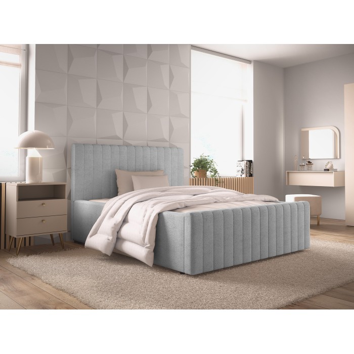 Lit ELORIA 140x200 gris clair avec tête de lit capitonnée et sommier inclus