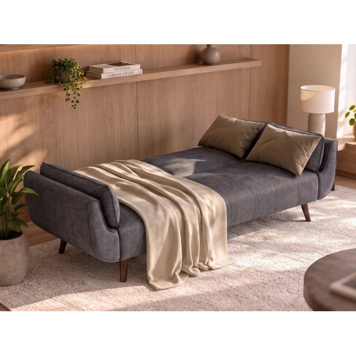 Canapé DANNA 3 place gris foncé convertible en mode lit avec des accessoires