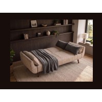 Canapé DANNA 3 places beige champagne convertible en mode lit avec des accessoires